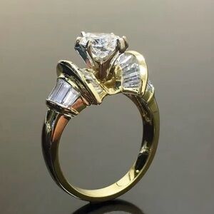 Gold  CZ Vintage Style Ring Art Deco, Mid Century Modern